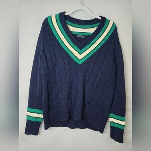 Vineyard Vines Navy V-Neck Sweater with Green and White Stripes Size Large